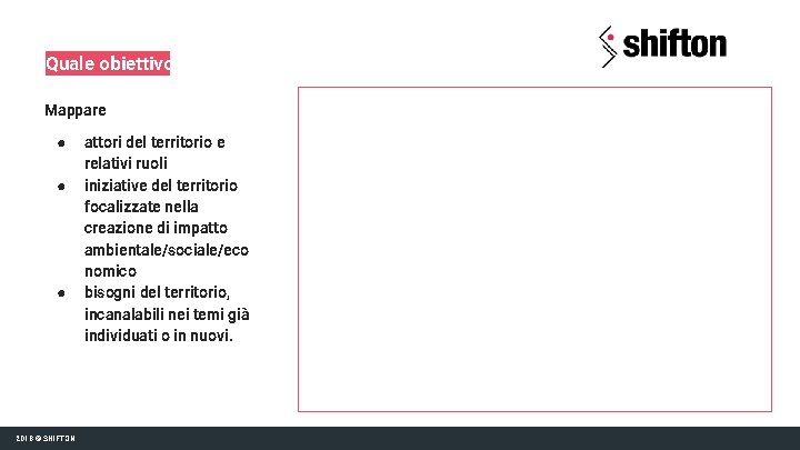 Quale obiettivo Mappare ● ● ● 2018 © SHIFTON attori del territorio e relativi