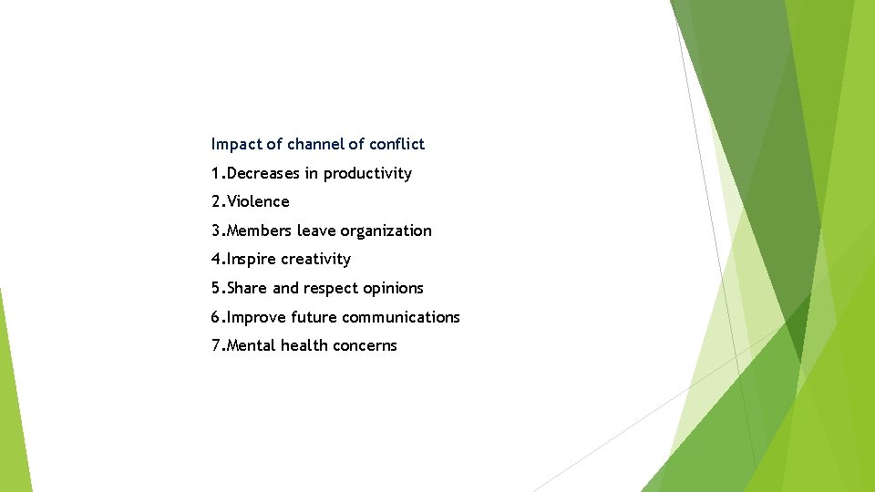 Impact of channel of conflict 1. Decreases in productivity 2. Violence 3. Members leave