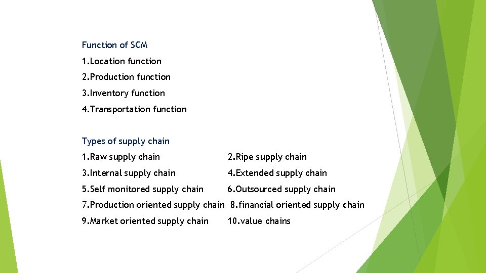 Function of SCM 1. Location function 2. Production function 3. Inventory function 4. Transportation