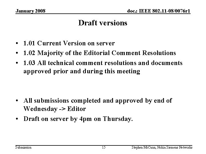 January 2008 doc. : IEEE 802. 11 -08/0076 r 1 Draft versions • 1.