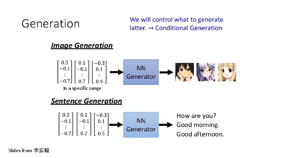 Generation Image Generation NN Generator In a specific range Sentence Generation NN Generator Slides