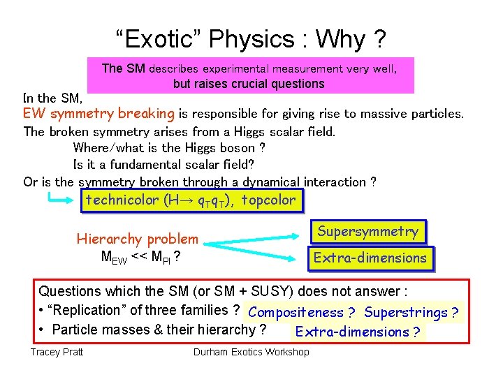 “Exotic” Physics : Why ? The SM describes experimental measurement very well, but raises