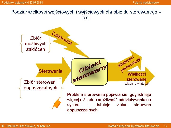 Podstawy automatyki 2015/2016 Pojęcia podstawowe Podział wielkości wejściowych i wyjściowych dla obiektu sterowanego –