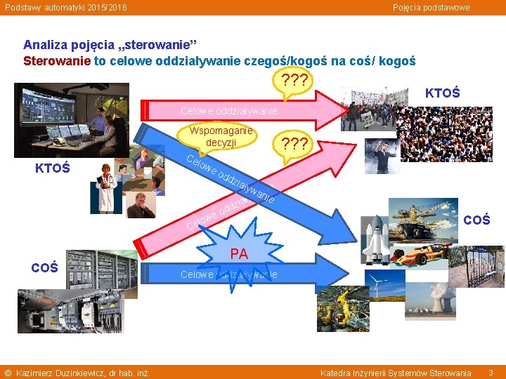 Podstawy automatyki 2015/2016 Pojęcia podstawowe Analiza pojęcia „sterowanie” Sterowanie to celowe oddziaływanie czegoś/kogoś na