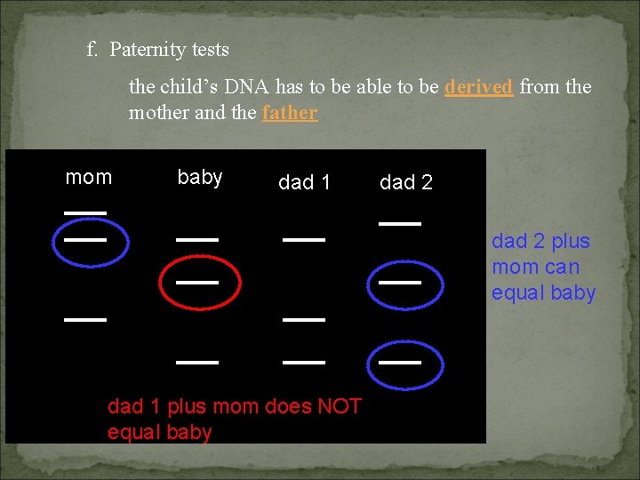 f. Paternity tests the child’s DNA has to be able to be derived from