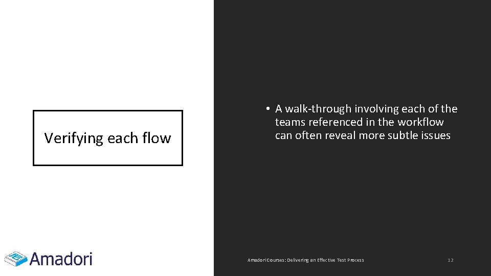 Verifying each flow • A walk-through involving each of the teams referenced in the