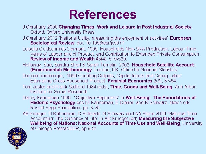 References J Gershuny 2000 Changing Times: Work and Leisure in Post Industrial Society, Oxford: