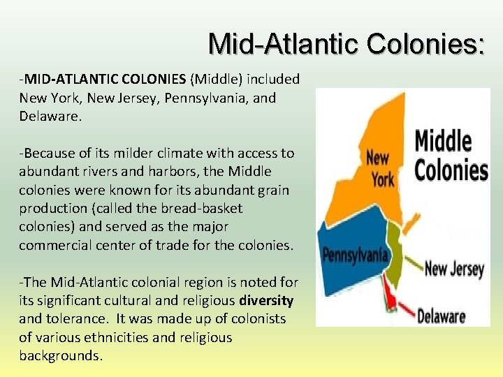 Mid-Atlantic Colonies: -MID-ATLANTIC COLONIES (Middle) included New York, New Jersey, Pennsylvania, and Delaware. -Because