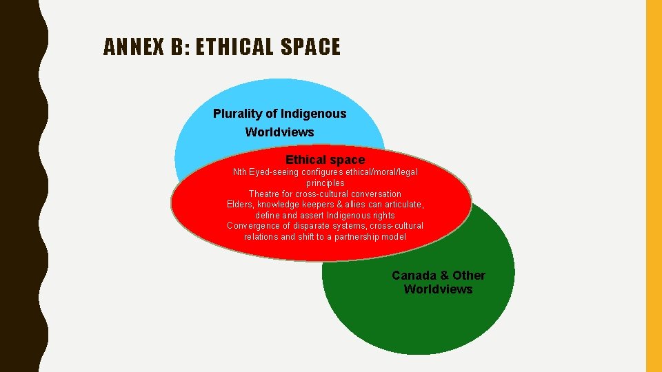 ANNEX B: ETHICAL SPACE Plurality of Indigenous Worldviews Ethical space Nth Eyed-seeing configures ethical/moral/legal