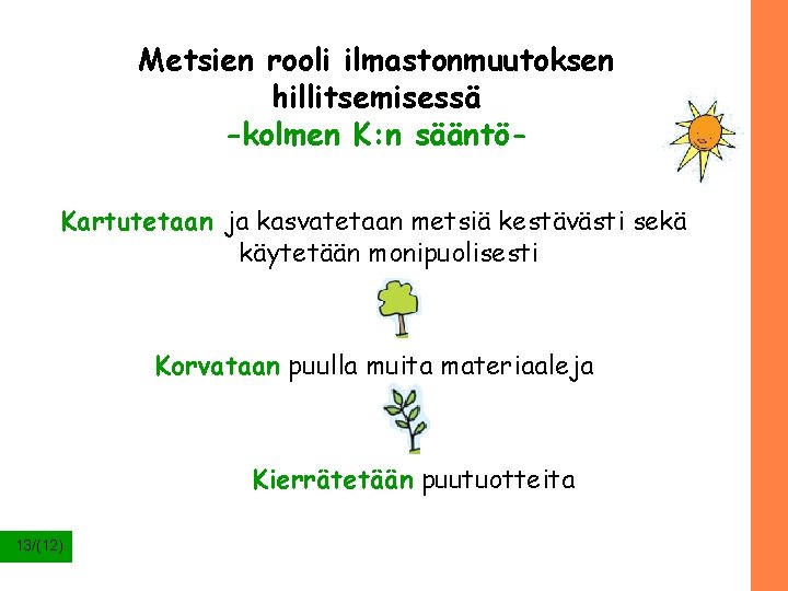 Metsien rooli ilmastonmuutoksen hillitsemisessä -kolmen K: n sääntöKartutetaan ja kasvatetaan metsiä kestävästi sekä käytetään