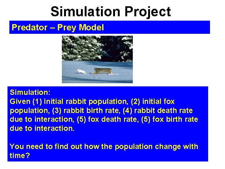 Simulation Project Predator – Prey Model Simulation: Given (1) initial rabbit population, (2) initial