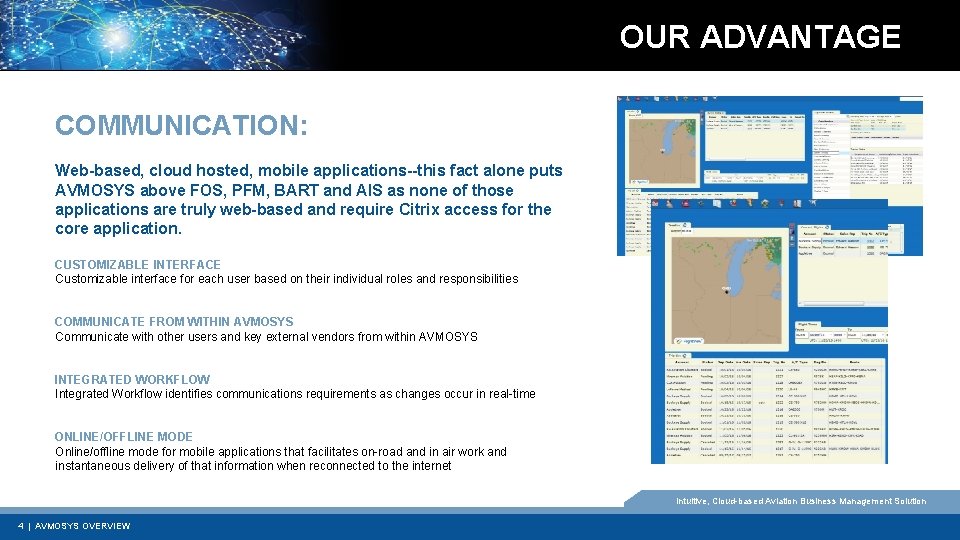 OUR ADVANTAGE COMMUNICATION: Web-based, cloud hosted, mobile applications--this fact alone puts AVMOSYS above FOS,