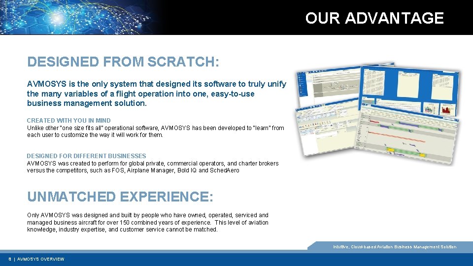 OUR ADVANTAGE DESIGNED FROM SCRATCH: AVMOSYS is the only system that designed its software