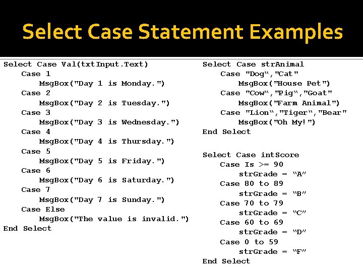 Select Case Statement Examples Select Case Val(txt. Input. Text) Case 1 Msg. Box("Day 1