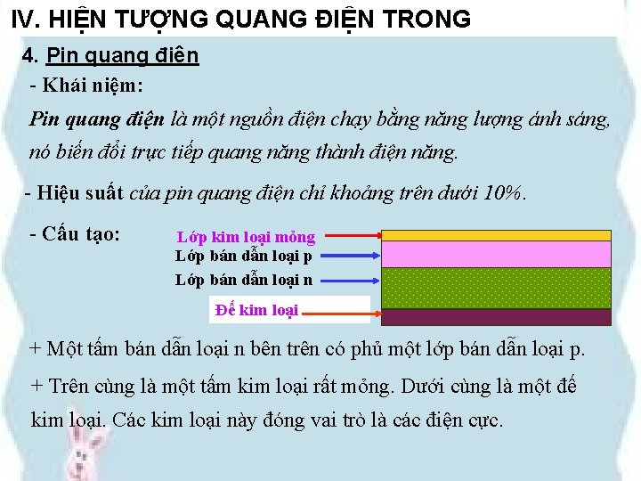 IV. HIỆN TƯỢNG QUANG ĐIỆN TRONG 4. Pin quang điện - Khái niệm: Pin