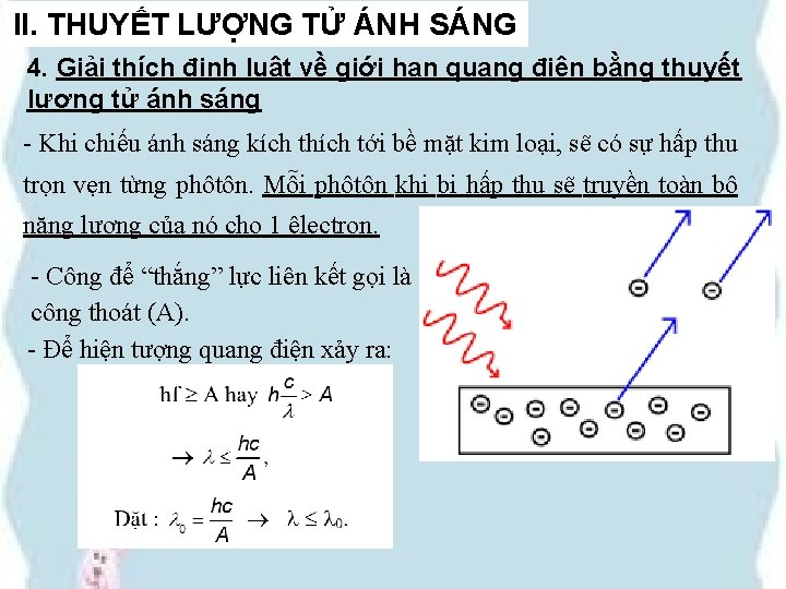 II. THUYẾT LƯỢNG TỬ ÁNH SÁNG 4. Giải thích định luật về giới hạn