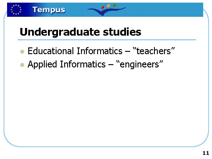 Undergraduate studies l l Educational Informatics – “teachers” Applied Informatics – “engineers” 11 