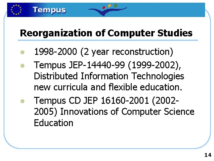Reorganization of Computer Studies l l l 1998 -2000 (2 year reconstruction) Tempus JEP-14440