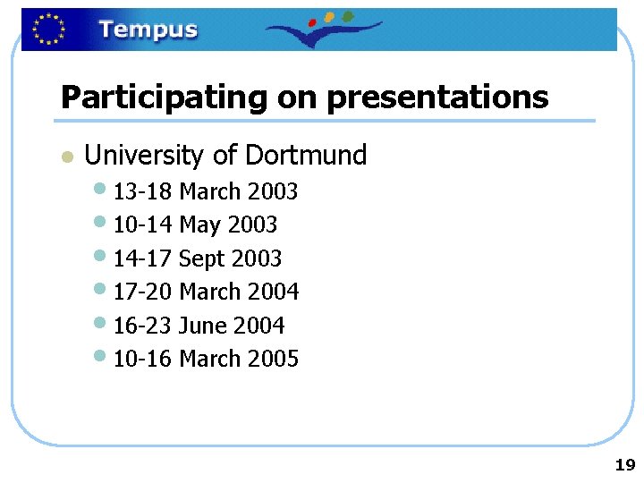 Participating on presentations l University of Dortmund • 13 -18 March 2003 • 10