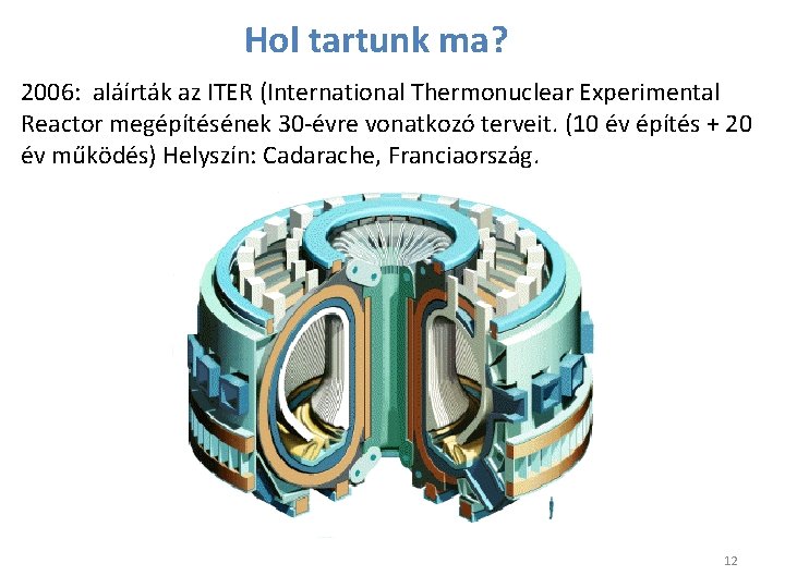 Hol tartunk ma? 2006: aláírták az ITER (International Thermonuclear Experimental Reactor megépítésének 30 -évre Hol tartunk ma? 2006: aláírták az ITER (International Thermonuclear Experimental Reactor megépítésének 30 -évre