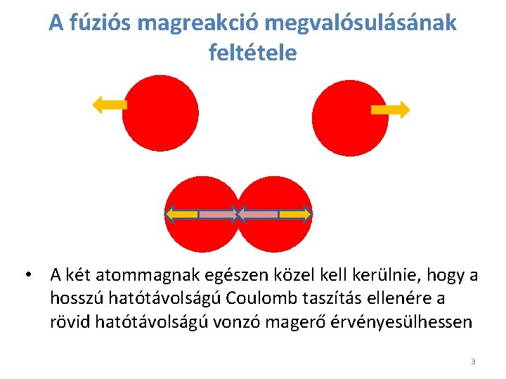 A fúziós magreakció megvalósulásának feltétele • A két atommagnak egészen közel kell kerülnie, hogy