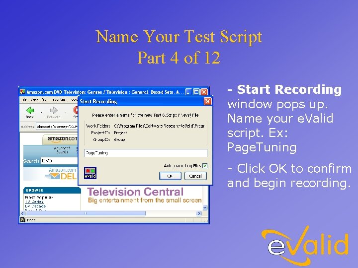 Name Your Test Script Part 4 of 12 - Start Recording window pops up.