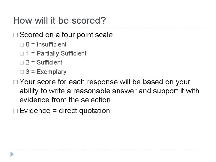 How will it be scored? � Scored on a four point scale 0 =