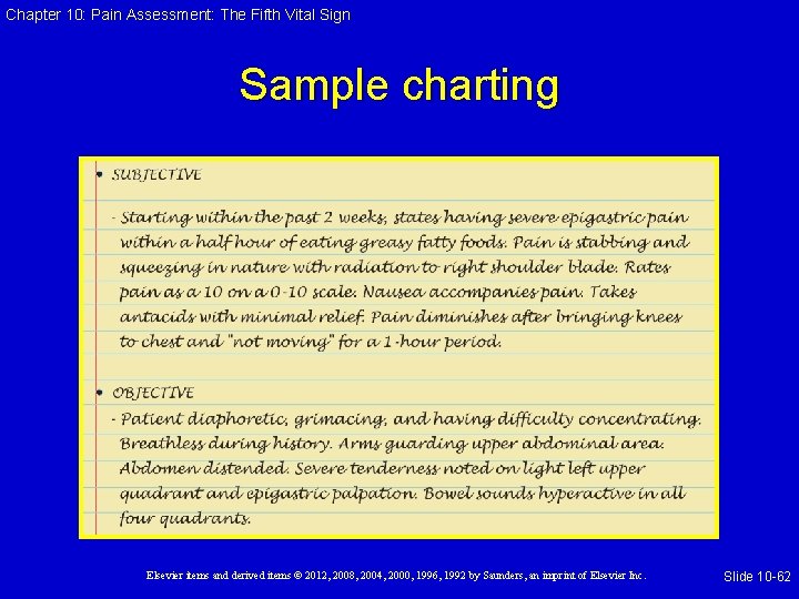 Chapter 10: Pain Assessment: The Fifth Vital Sign Sample charting Elsevier items and derived