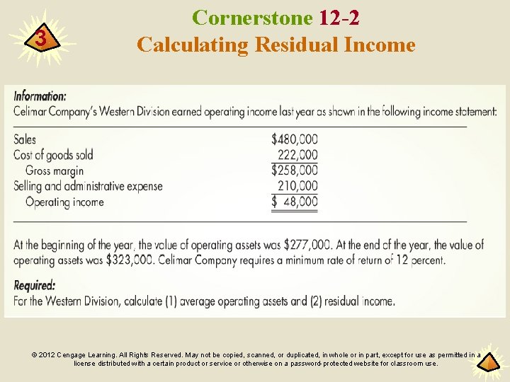 3 Cornerstone 12 -2 Calculating Residual Income © 2012 Cengage Learning. All Rights Reserved.