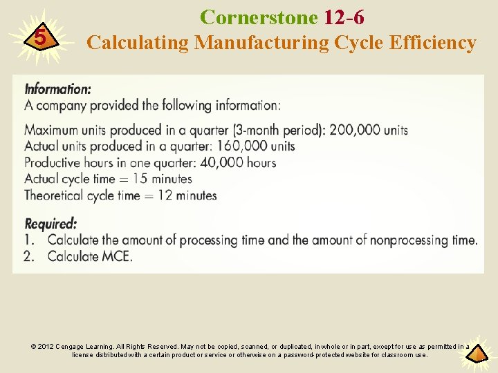 5 Cornerstone 12 -6 Calculating Manufacturing Cycle Efficiency © 2012 Cengage Learning. All Rights