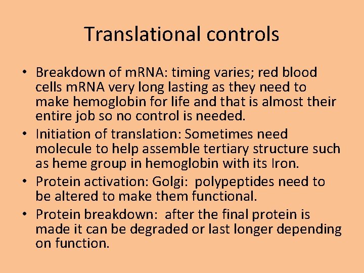 Translational controls • Breakdown of m. RNA: timing varies; red blood cells m. RNA