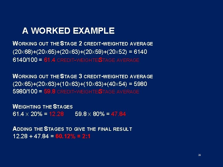 A WORKED EXAMPLE WORKING OUT THE STAGE 2 CREDIT-WEIGHTED AVERAGE (20 X 68)+(20 X