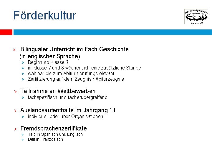 Förderkultur Ø Bilingualer Unterricht im Fach Geschichte (in englischer Sprache) Ø Ø Ø Teilnahme