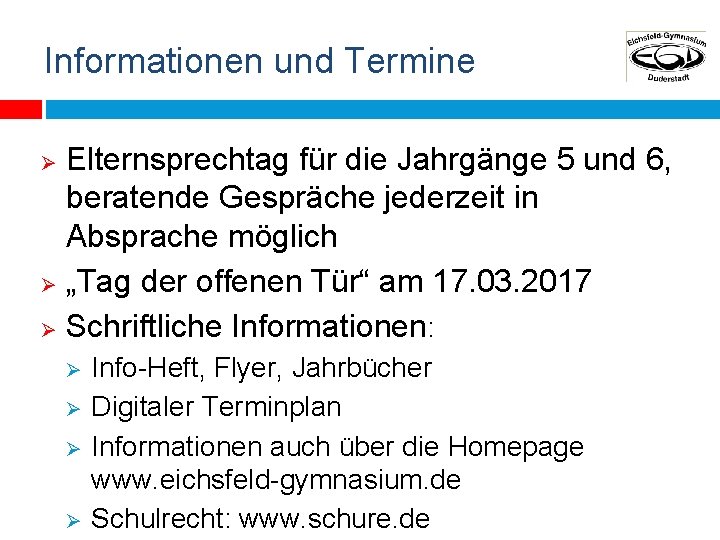 Informationen und Termine Elternsprechtag für die Jahrgänge 5 und 6, beratende Gespräche jederzeit in