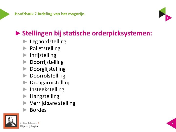 Hoofdstuk 7 Indeling van het magazijn ► Stellingen bij statische orderpicksystemen: ► ► ►