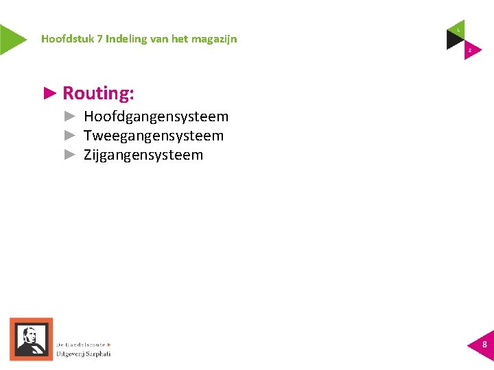 Hoofdstuk 7 Indeling van het magazijn ► Routing: ► Hoofdgangensysteem ► Tweegangensysteem ► Zijgangensysteem