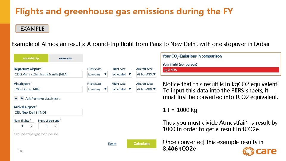 Flights and greenhouse gas emissions during the FY EXAMPLE Example of Atmosfair results A