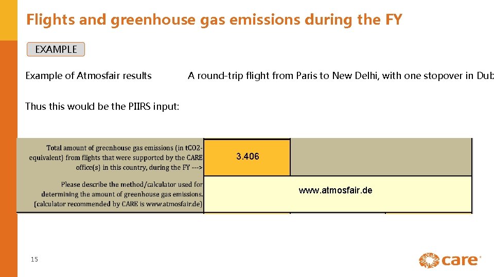 Flights and greenhouse gas emissions during the FY EXAMPLE Example of Atmosfair results A