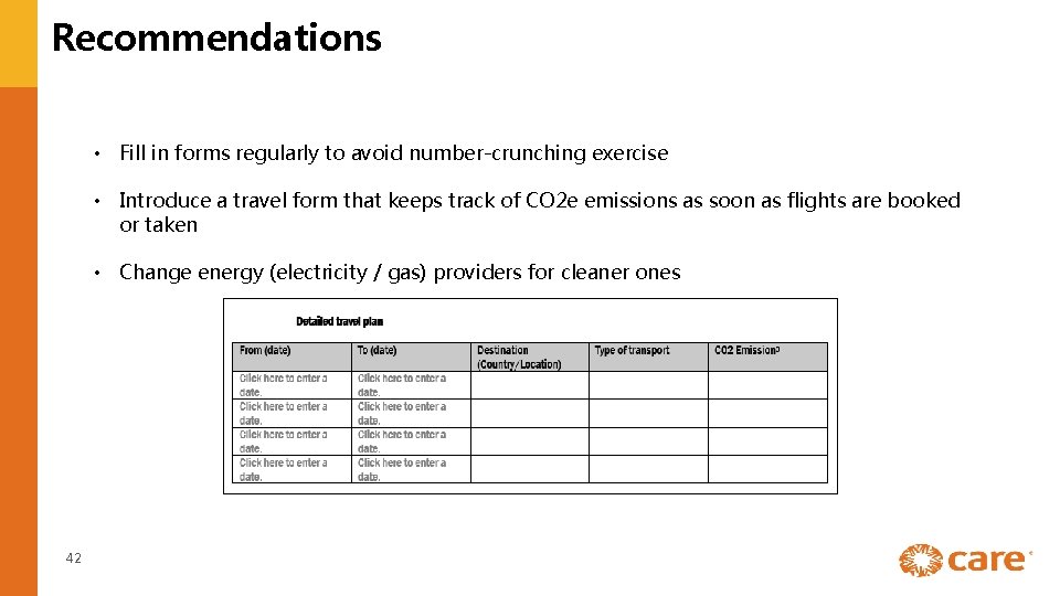 Recommendations • Fill in forms regularly to avoid number-crunching exercise • Introduce a travel