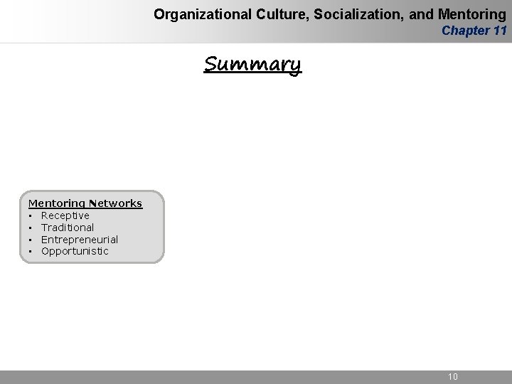 Organizational Culture, Socialization, and Mentoring Chapter 11 Summary Mentoring Networks • Receptive • Traditional