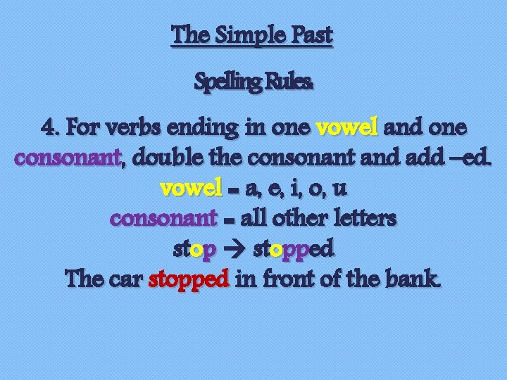 The Simple Past Spelling Rules: 4. For verbs ending in one vowel and one