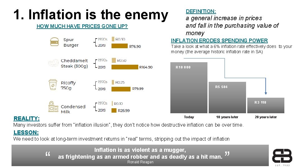 1. Inflation is the enemy HOW MUCH HAVE PRICES GONE UP? DEFINITION: a general