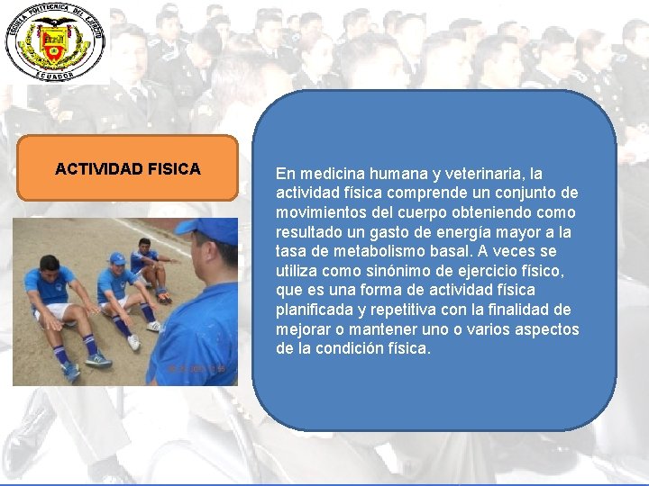 ACTIVIDAD FISICA En medicina humana y veterinaria, la actividad física comprende un conjunto de