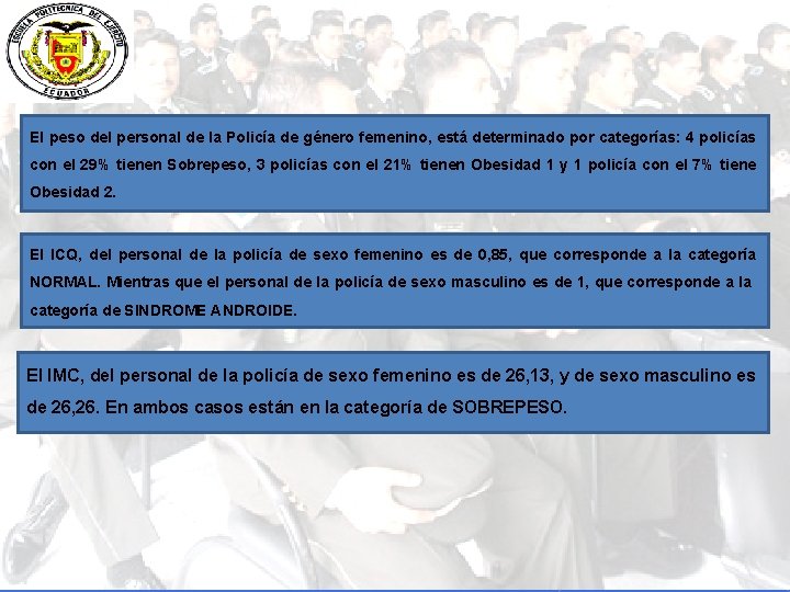 El peso del personal de la Policía de género femenino, está determinado por categorías: