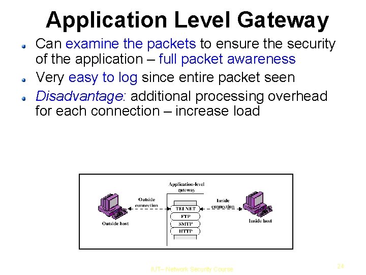 Application Level Gateway Can examine the packets to ensure the security of the application