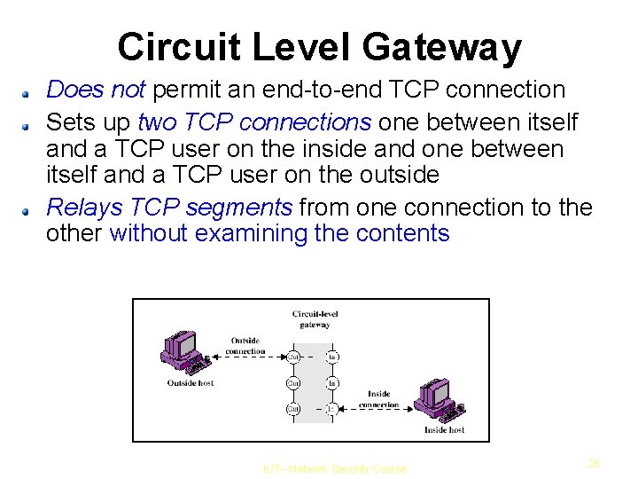 Circuit Level Gateway Does not permit an end-to-end TCP connection Sets up two TCP