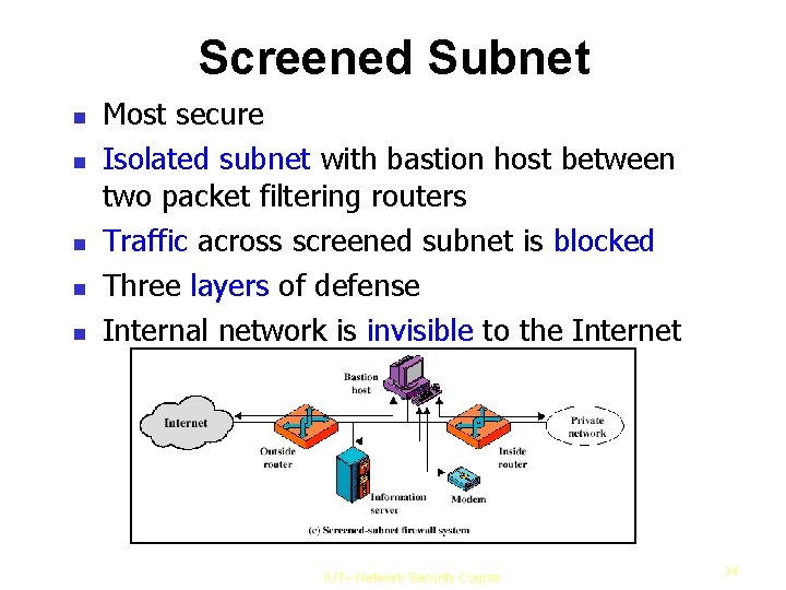 Screened Subnet Most secure Isolated subnet with bastion host between two packet filtering routers
