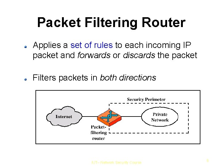 Packet Filtering Router Applies a set of rules to each incoming IP packet and