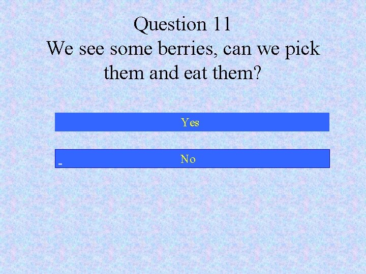 Question 11 We see some berries, can we pick them and eat them? Yes