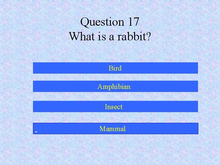 Question 17 What is a rabbit? Bird Amphibian Insect Mammal 